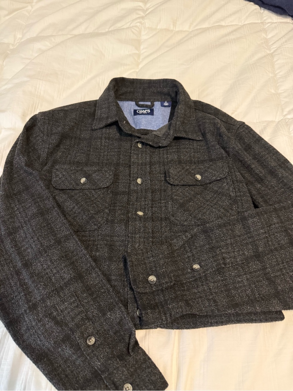 Chaps Men's Knit Flannel Shirt - Grey/Charcoal Plaid - Size M